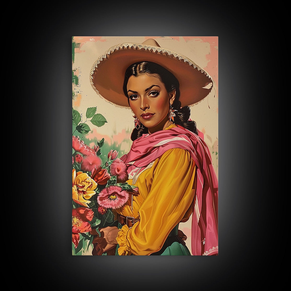 Western Woman Holding Flowers - Framed Canvas Print, Traditional Living Room Art, Colorful Bedroom Decor, Folk Art, Wall Art