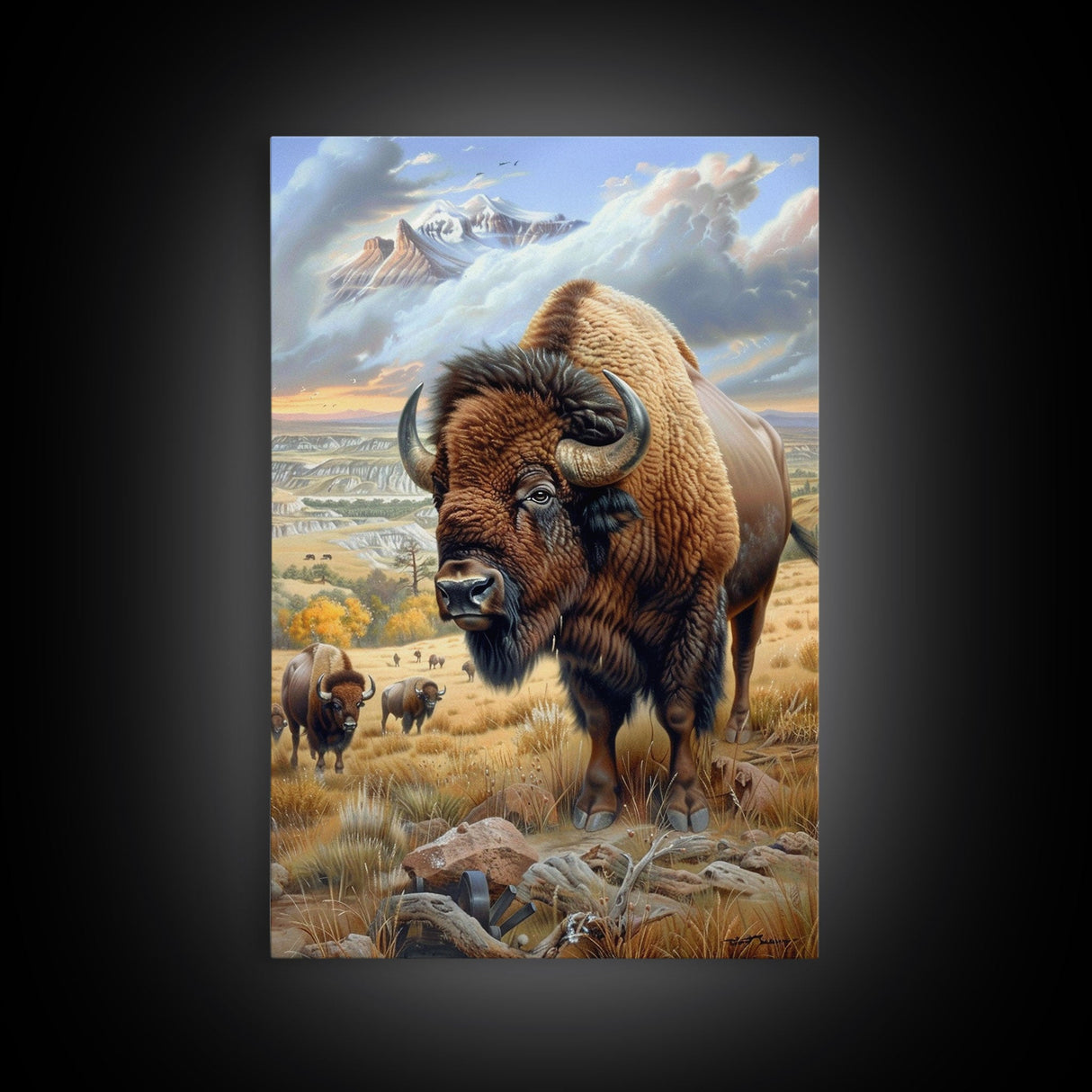 Majestic Bison in Mountain Landscape - Framed Canvas Print, Western Wildlife Art, Bison Wall Art for Rustic Home Decor