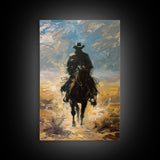 Lone Cowboy Riding into Sunset - Framed Canvas Print, Western Art, Living Room Decor, Cowboy Art for Bedroom, Rustic Wall Art