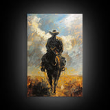 Silhouette of Cowboy on Horseback at Dusk - Framed Canvas Print, Western Art, Rustic Decor, Living Room Wall Art, Cowboy Themed Art