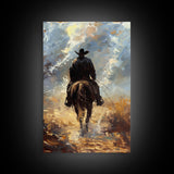 Lone Cowboy on Horse in Wilderness - Framed Canvas Print, Western Art, Rustic Decor, Living Room Wall Art, Cowboy Themed Art