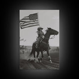 Patriotic Cowgirl with Flag Art Print, Western Rodeo Framed Canvas, Vintage Black and White Photography, Unique Wall Art