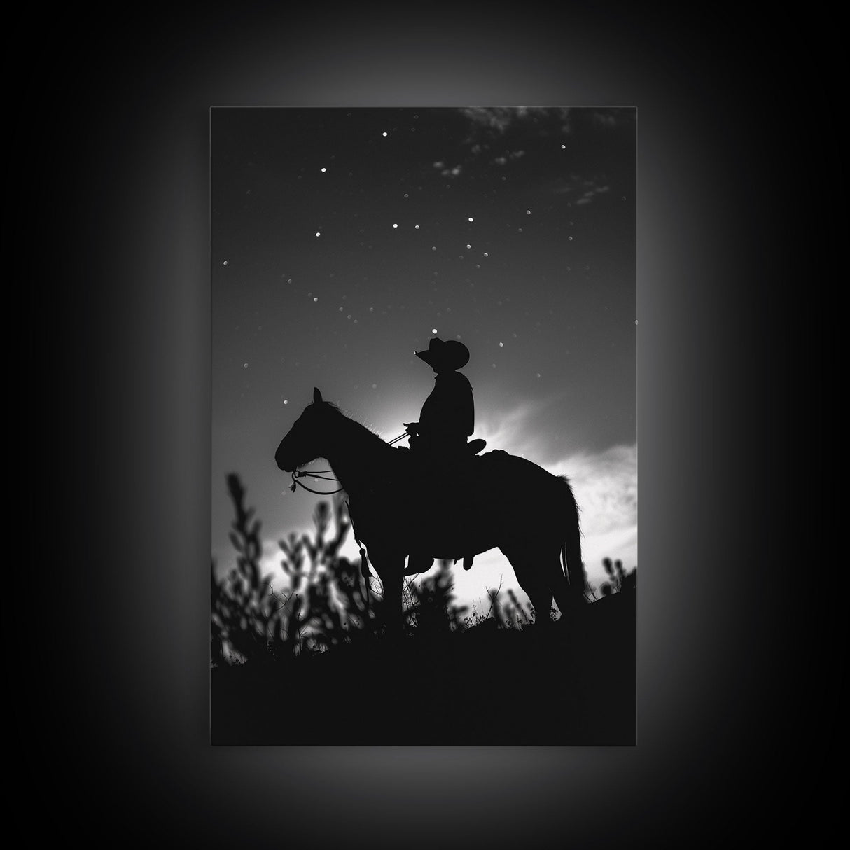 Silhouette of a Cowboy on Horseback under a Starry Night Sky for Western Wall Art, Canvas Prints, Home Decor, Living Room Art, Bedroom Art