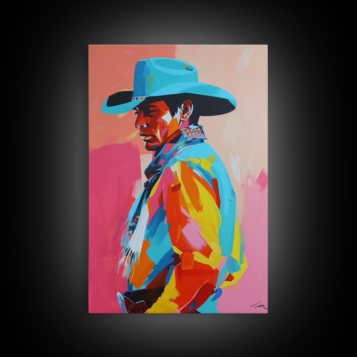 Profile of Stylish Cowboy in Hat - Framed Canvas Print, Colorful Western Art, Bold Cowboy Wall Art for Living Room