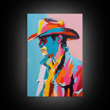 Pop Art Cowboy with Sunglasses - Framed Canvas Print, Bright Western Art, Contemporary Cowboy Wall Art for Bedroom Decor