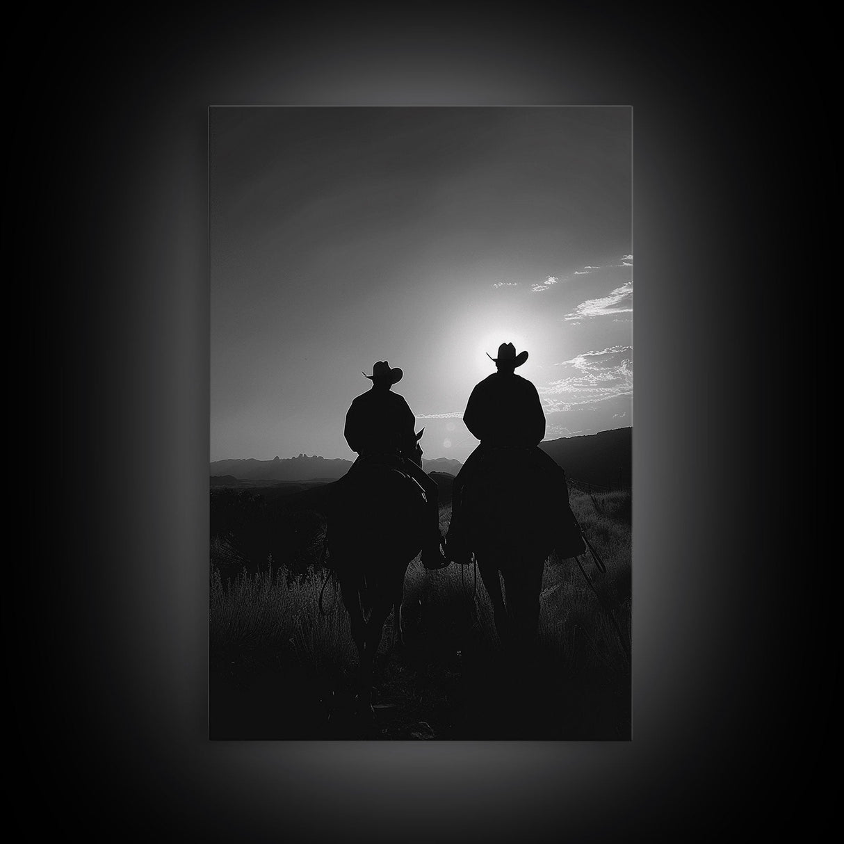 Silhouetted Cowboys on Horseback Riding into the Sunset for Western Wall Art, Canvas Prints, Home Decor, Living Room Art, Bedroom Art