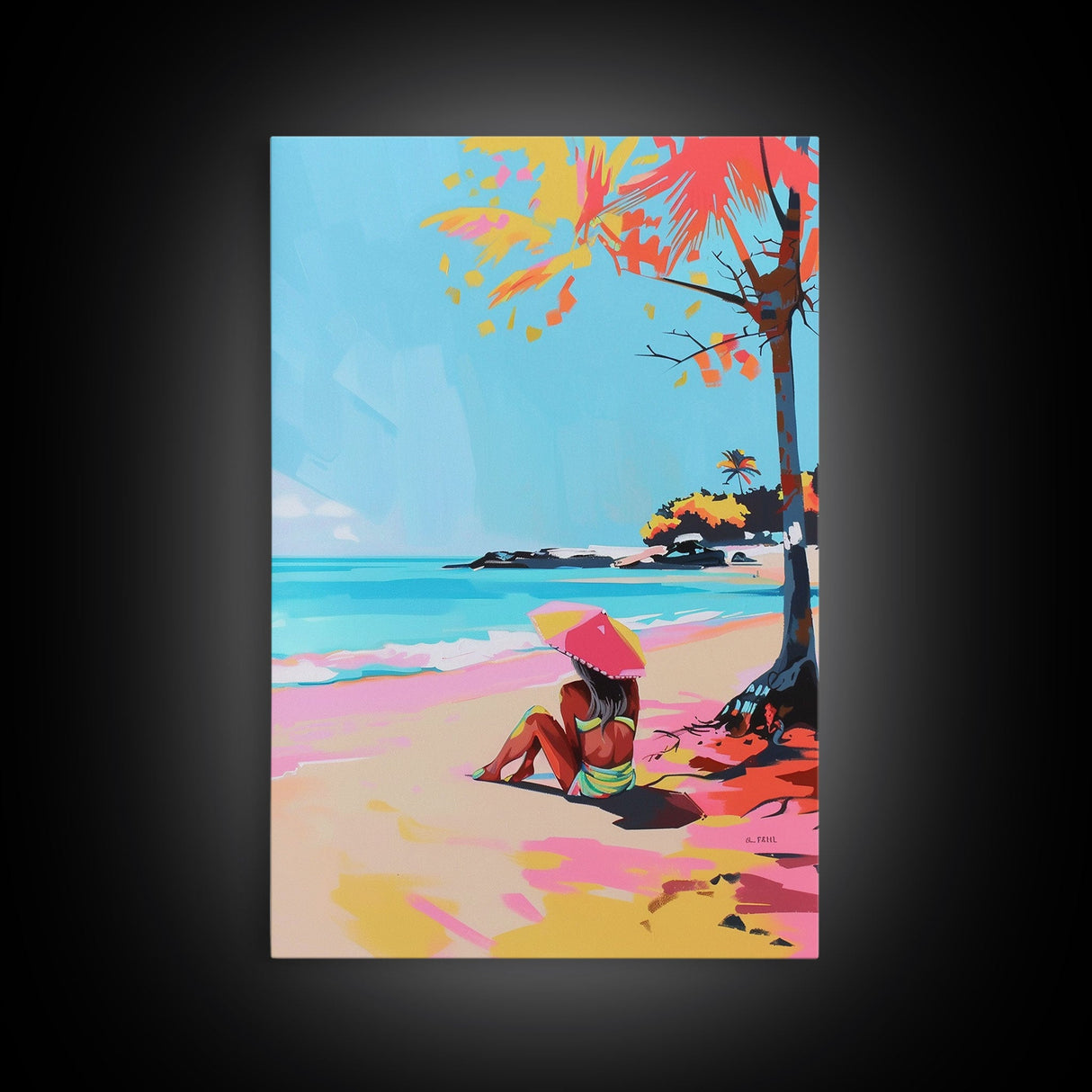 Woman Relaxing on the Beach Under a Parasol - Framed Canvas Print, Summer Vibes Wall Art, Relaxation Decor for Bedroom