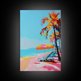 Palm Trees and Sun Loungers on Tropical Beach - Framed Canvas Print, Vacation Paradise Art, Beach Decor for Living Room