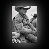 Rugged Cowboy in Weathered Denim Jacket, Black and White Photography for Western Wall Art, Canvas Prints, Home Decor, Living Room Art