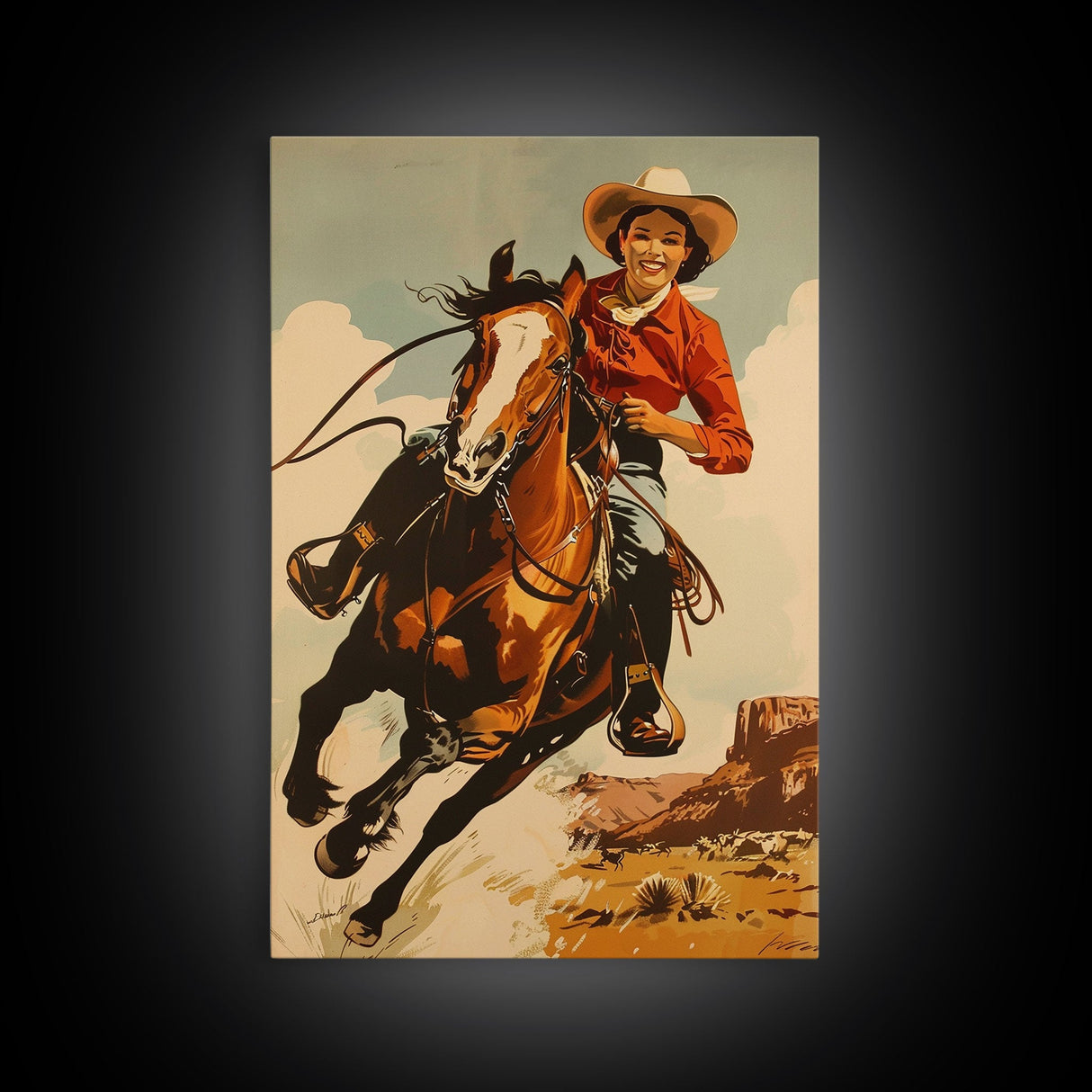 Vibrant Cowgirl Riding a Horse in Western Landscape | Framed Canvas Print | Western Wall Art | Living Room Decor | Rustic Home Decor