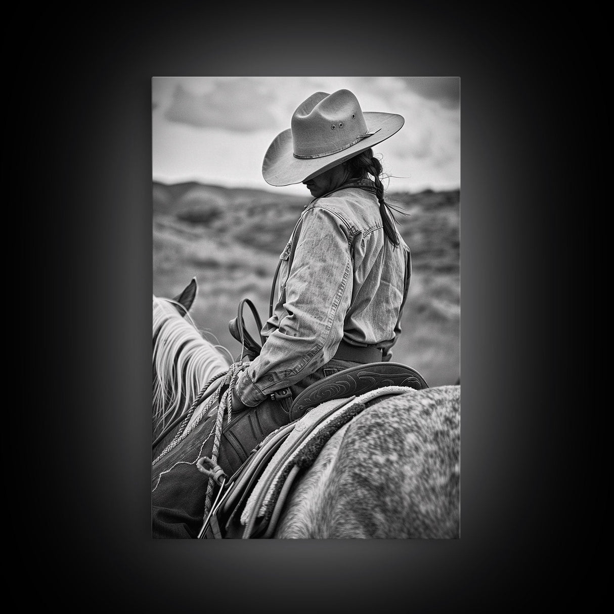 Lone cowboy riding a horse through rugged landscape, classic Western decor black and white photography, Framed Canvas Print, rustic home art