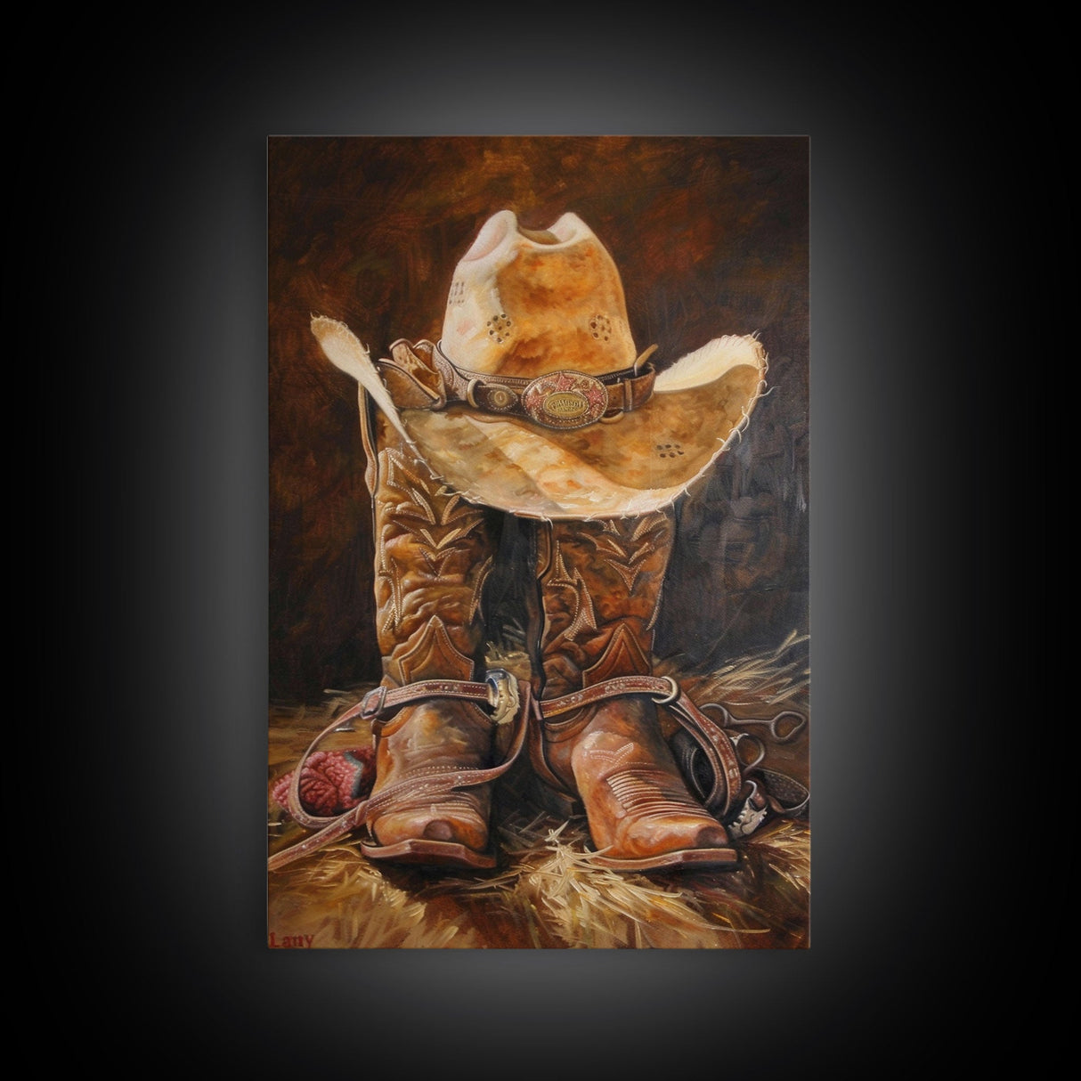 Western Cowboy Boot and Hat Art Print - Framed Canvas Print, Rustic Living Room Decor, Cowboy Wall Art, Western Home Decoration