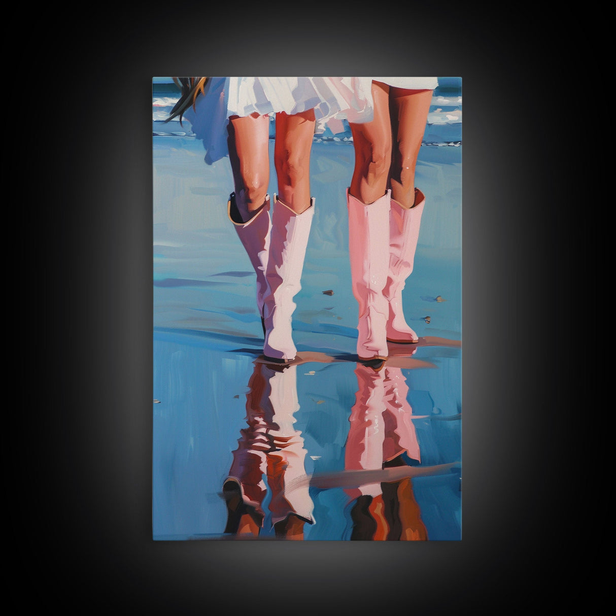 The Beach Cowgirls pink cowboy boots on a beach, artistic reflection Framed Canvas Print - beach decor, fashion art, summer vibes