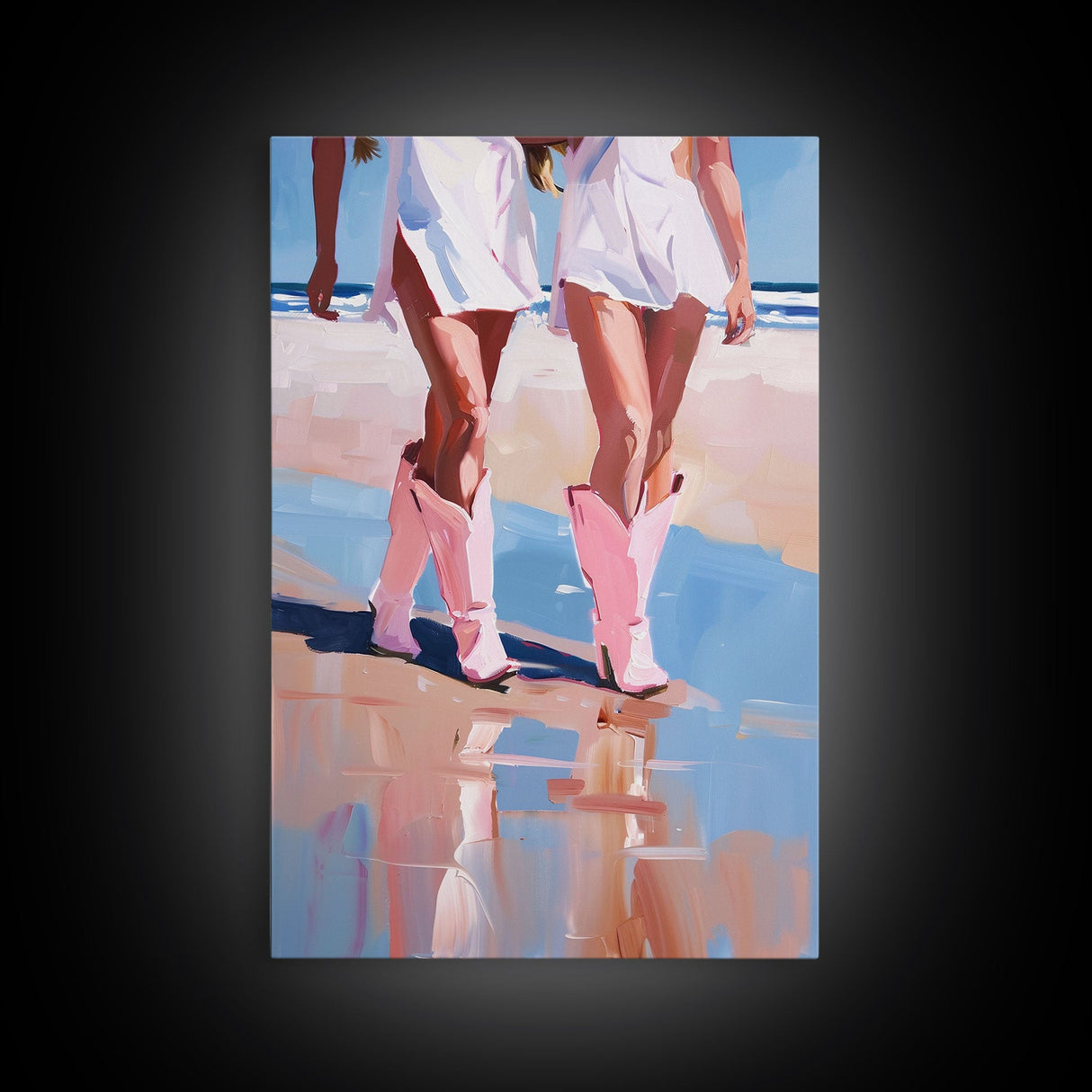 Cowgirls walking on the beach wearing pink cowboy boots, artistic reflection Framed Canvas Print - beach fashion, summer decor, vibrant art