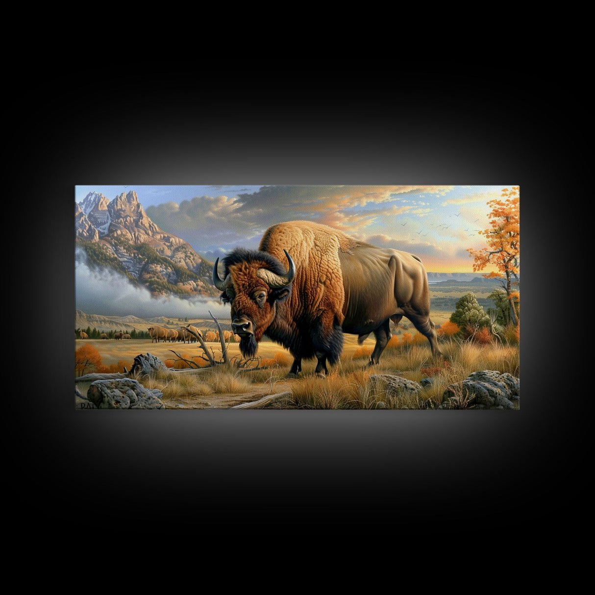 Majestic Bison in Autumn Landscape, Framed Canvas Print, Perfect for Living Room Art, Rustic Home Decor, Western Themed Bedroom Wall Art