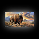 Lone Bison Roaming the Plains, Framed Canvas Print, Great for Living Room Art, Rustic Home Decor, Western Style Bedroom Wall Art