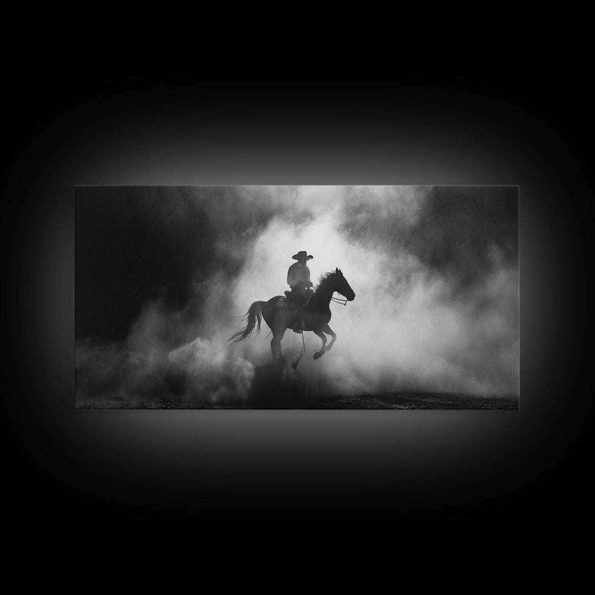 Silhouette of Cowboy on Horse in Dusty Arena, Framed Canvas Print for Western Style Home, Perfect Living Room Decor, Art for Bedroom