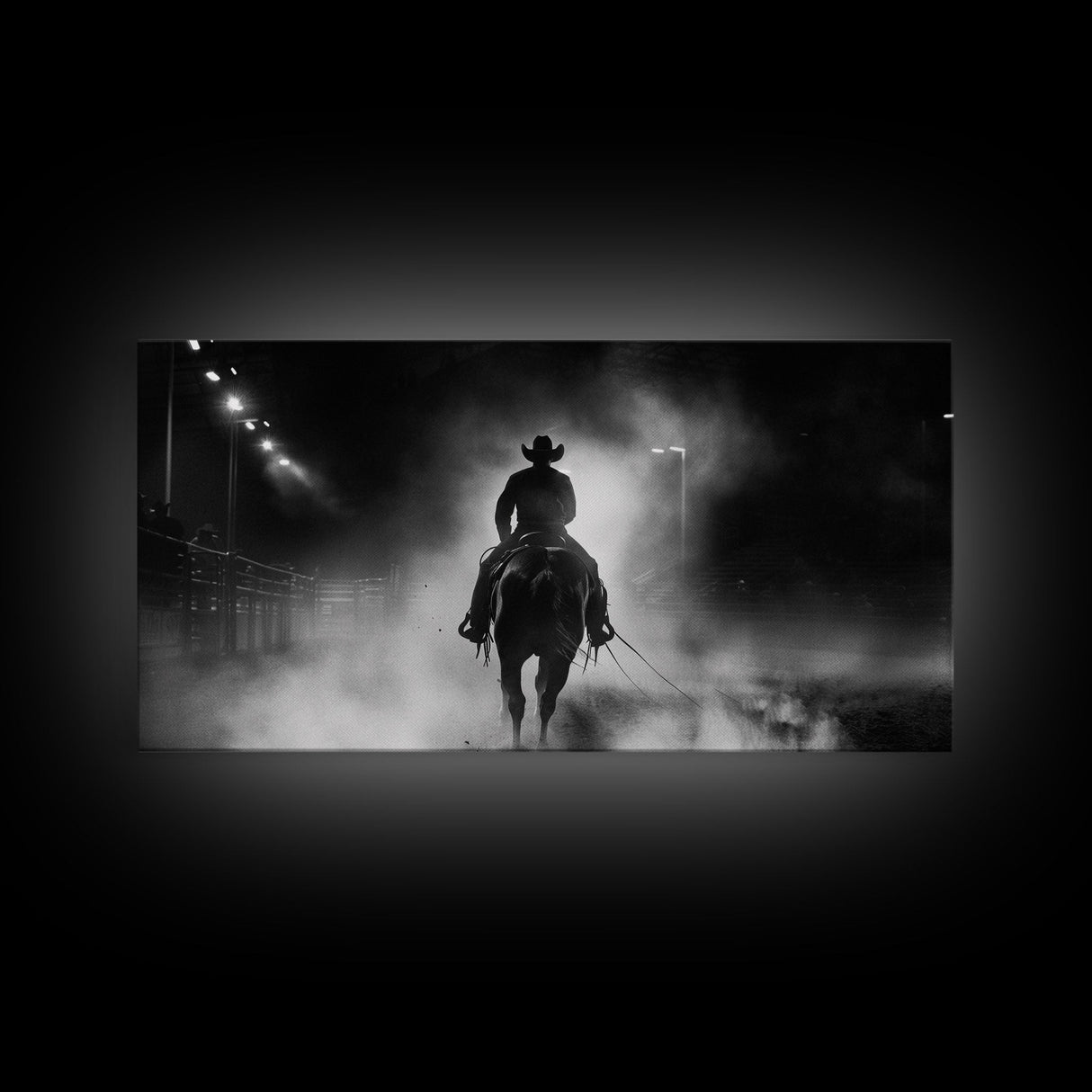 Mysterious Cowboy Riding Through Smoke at Night, Framed Canvas Print for Living Room, Ideal Western Bedroom Decor, Wall Art