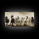 Majestic Running Horses in Dusty Field, Framed Canvas Print, Western Wall Art, Living Room Decor, Nature Scene, Horse Art