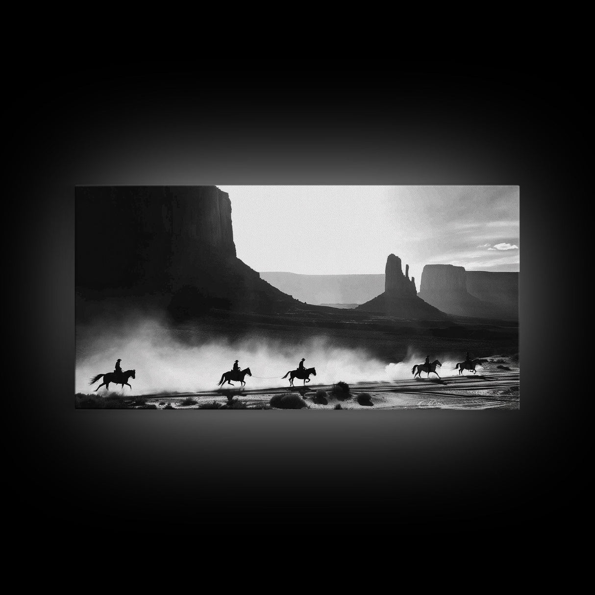 Western Riders Traversing Desert Valley, Captivating Framed Canvas Print, Wall Art for Living Room or Bedroom, Unique Decor