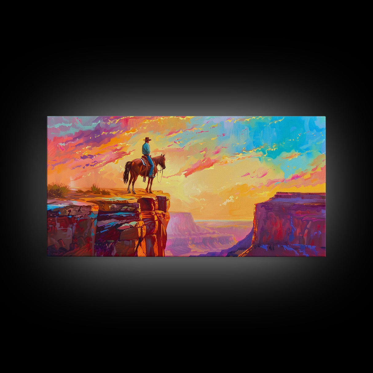 Lone Cowboy at Canyon Edge During Sunset, Farmhouse Style Framed Canvas Print for Bedroom Wall Art, Rustic Home Decor, Western Landscape