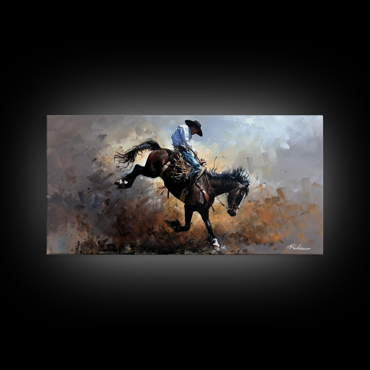 Wild Bronco Rider in Dusty Arena Scene, Stunning Framed Canvas Print, Ideal for Living Room Art, Western Bedroom Decor, Home Wall Art