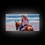 Cowgirl Riding Horse by the Ocean, Tranquil Framed Canvas Print, Perfect for Coastal Living Room Art, Beach Bedroom Decor, Horse Wall Art