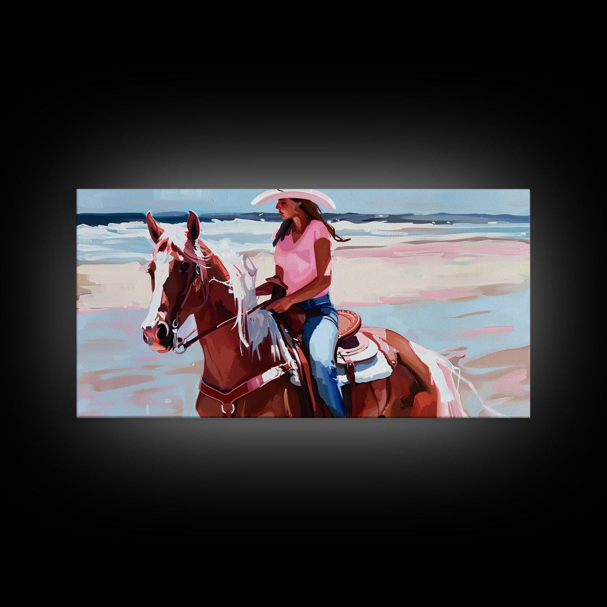 Cowgirl on Horse at the Beach, Stunning Framed Canvas Print, Ideal for Coastal Living Room Art, Beach Bedroom Decor, Equestrian Wall Art