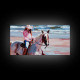 Cowgirl in Pink Shirt Riding Horse by the Sea, Beautiful Framed Canvas Print, Coastal Living Room Art, Beach Bedroom Decor, Horse Art