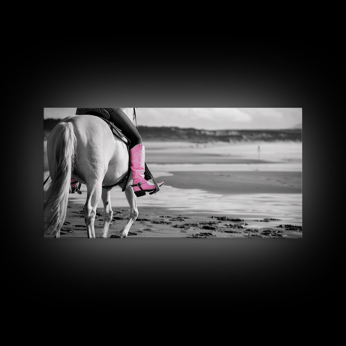 Beach Horseback Rider with Pink Boots, Delightful Framed Canvas Print, Ideal for Living Room or Bedroom Wall Art