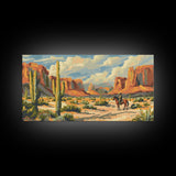 Lone Cowboy in Desert Landscape, Framed Canvas Print, Perfect for Rustic Living Room Art, Western Wall Art, Home and Bedroom Decor