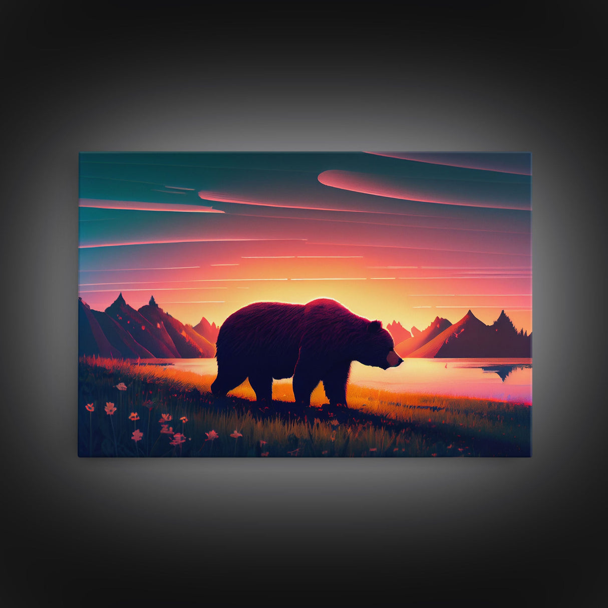 Grizzly bear at sunset, cool nature art, animal print, framed canvas print, wall decor for bedroom / guest room