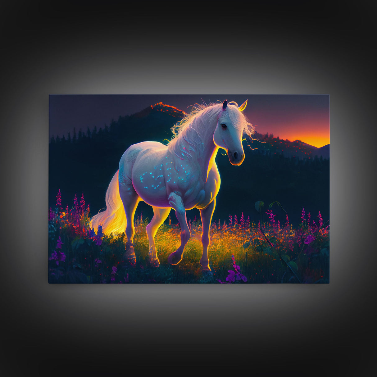 Vibrant portrait of a white horse in a field of flowers, vaporwave aesthetic art, animal prints, framed canvas print, colorful wall art