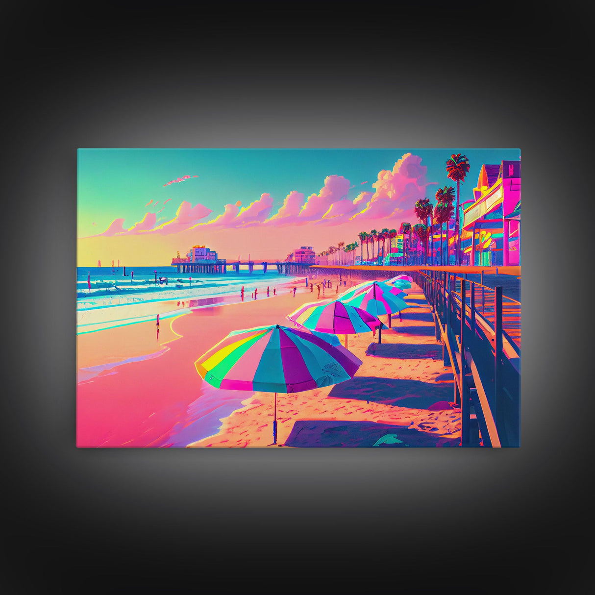 Neon Pastel wall art, vaporwave aesthetic boardwalk, neon beach, framed canvas print