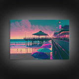 Neon Beach, cool beach house wall decor, synthwave pier and boardwalk, framed canvas print, framed wall art