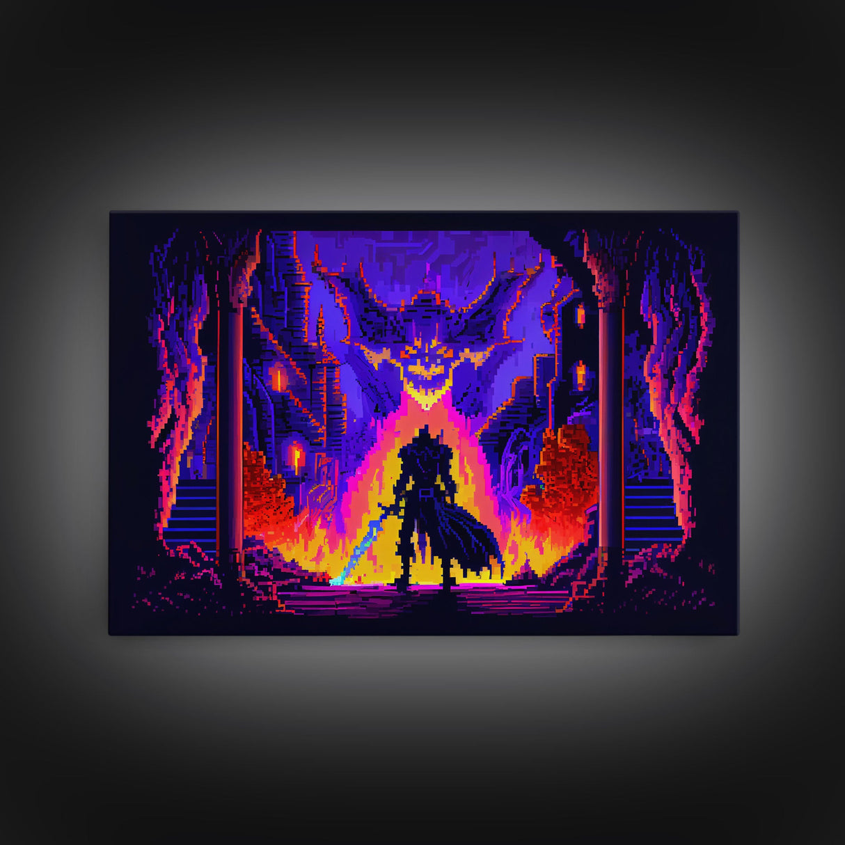 8 bit Pixel art, RPG video game concept art, Paladin faces the Dragon, synthwave style, framed canvas print