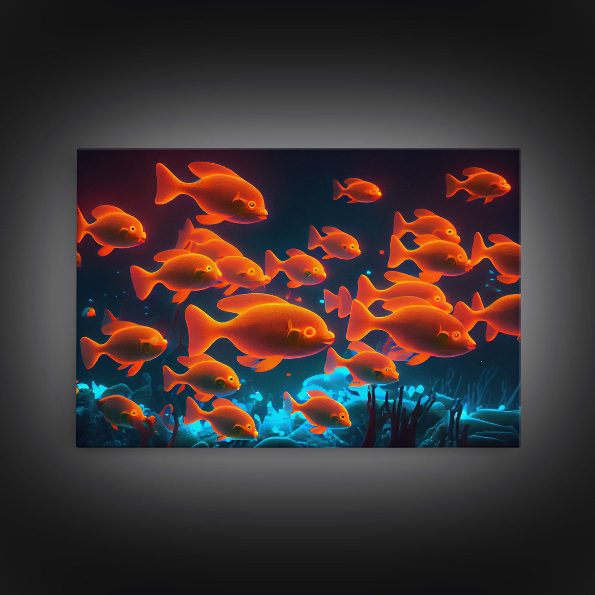 Gold fish art, Aquarium canvas print, framed ocean wall art, school of koi