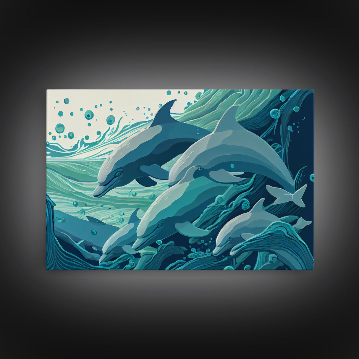 Dolphins in the Ocean, Turquoise dolphin art, framed canvas print, wall art with frame