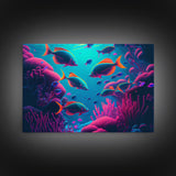 Coral Reef art, synthwave aesthetic ocean art, school of fish, framed canvas art, framed wall art canvas print