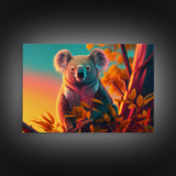 Cute Koala bear at sunset, vaporwave animal art, framed canvas print, framed wall art, ready to hang