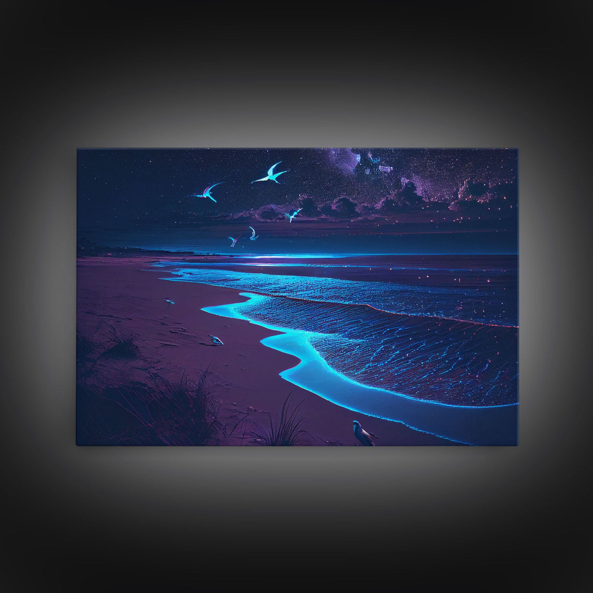 Vaporwave Starry night over a calm beach, watercolor, framed canvas print, synthwave wall art aesthetic