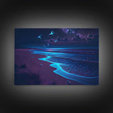 Vaporwave Starry night over a calm beach, watercolor, framed canvas print, synthwave wall art aesthetic