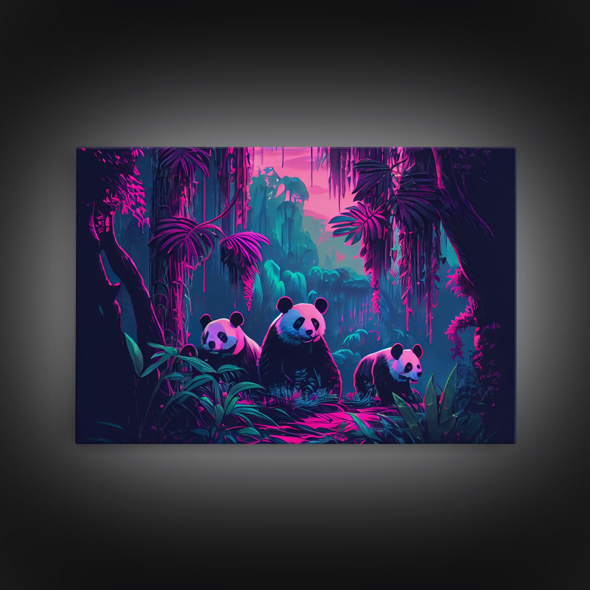 Cute pandas, jungle, framed canvas print, framed wall art, synthwave animal art