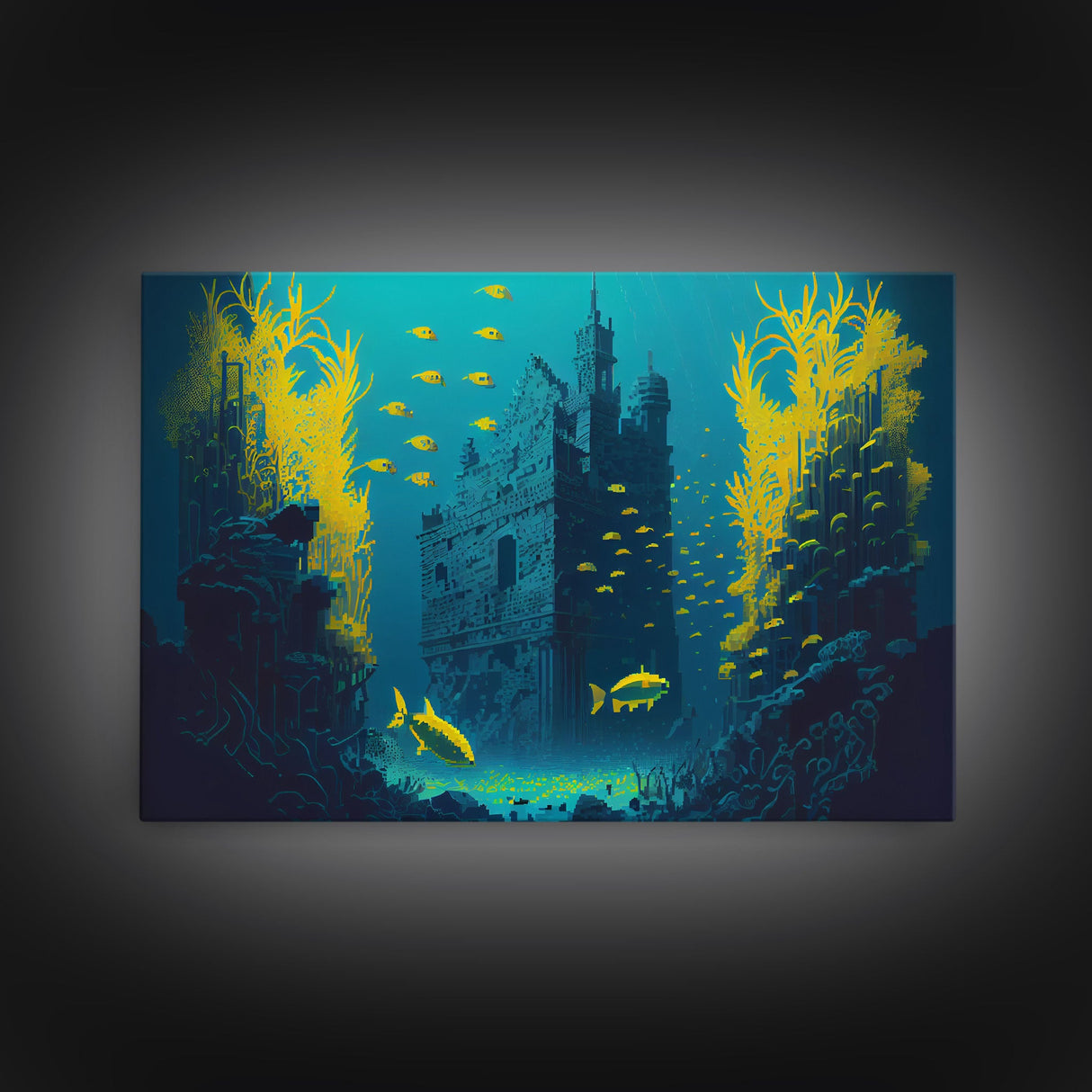 Underwater castle fantasy art, 8 bit pixel art for videogame room, framed canvas print