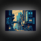 8 bit pixel art cyber punk city, video game concept art, framed canvas print, game room art