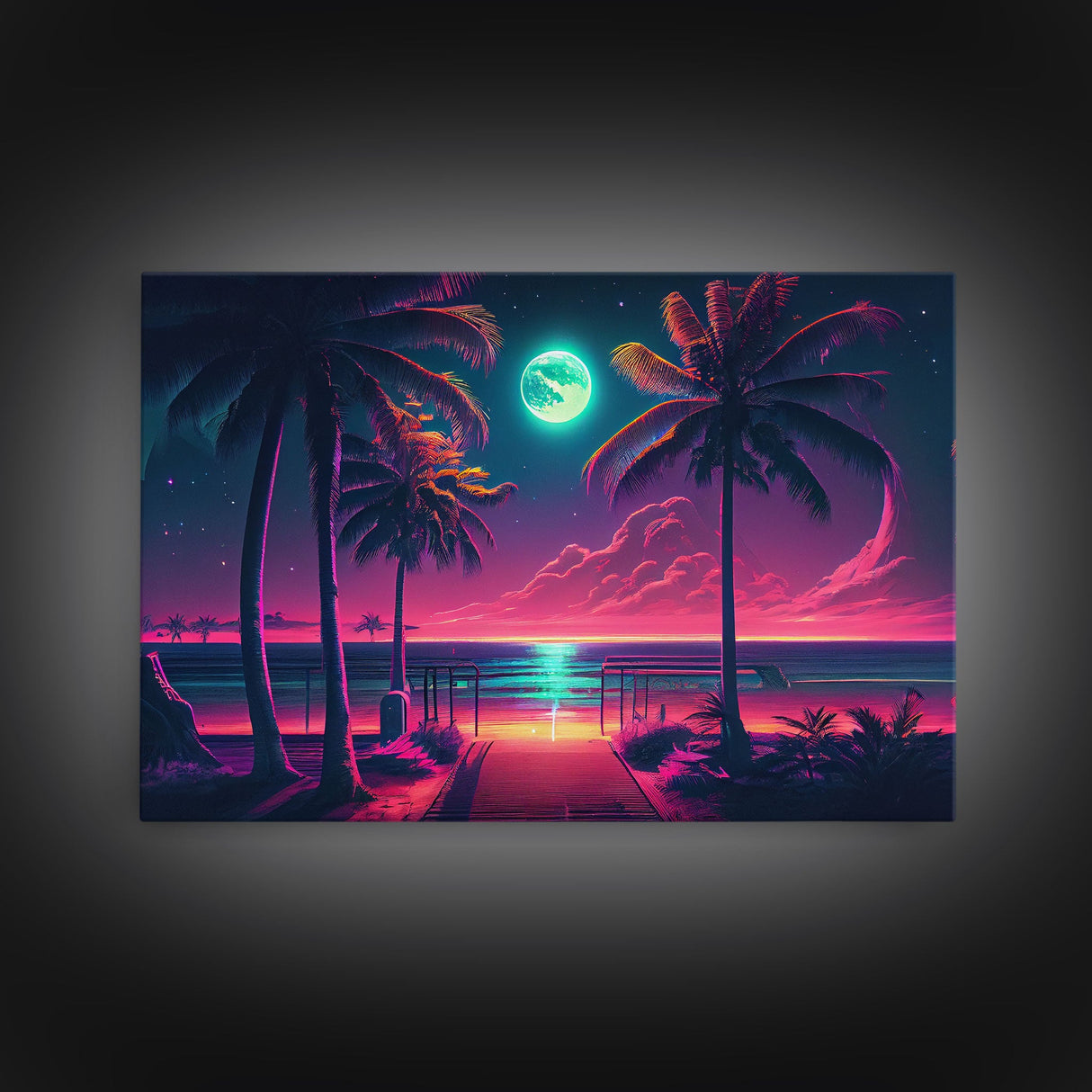 Outrun style full moon lit beach, framed canvas print, synthwave palm tree & beach art