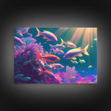 Tropical Reef Art, vaporwave pastel ocean fish art, school of fish art, framed canvas print