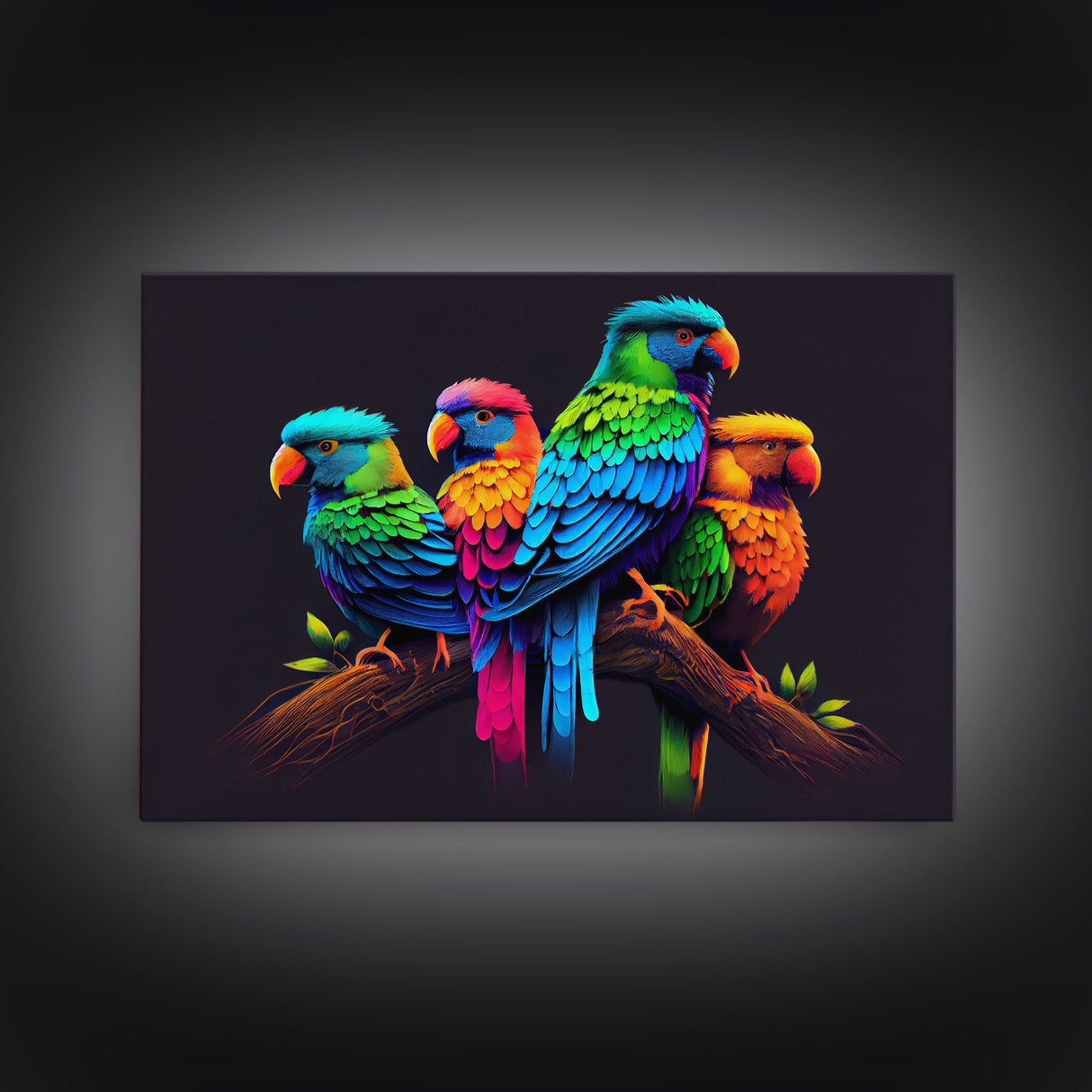 Tropical birds, vibrant and colorful animal print, parrots, framed canvas print, Framed wall art