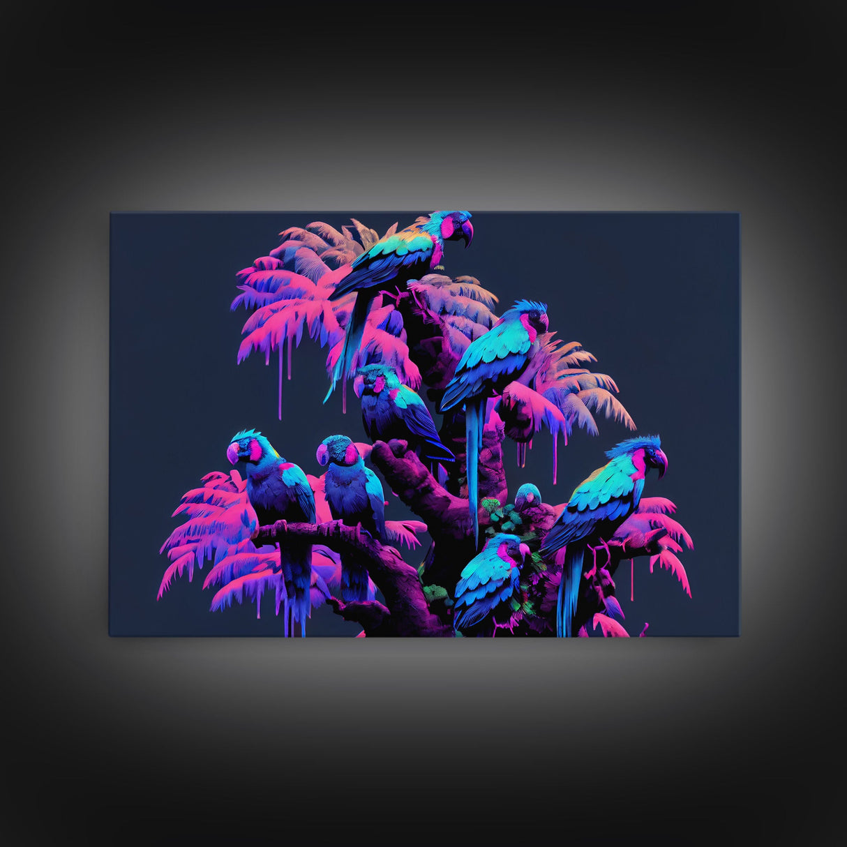 Synthwave Tropical Birds, Parrot Art, Framed canvas print, framed wall decor, vaporwave animal print