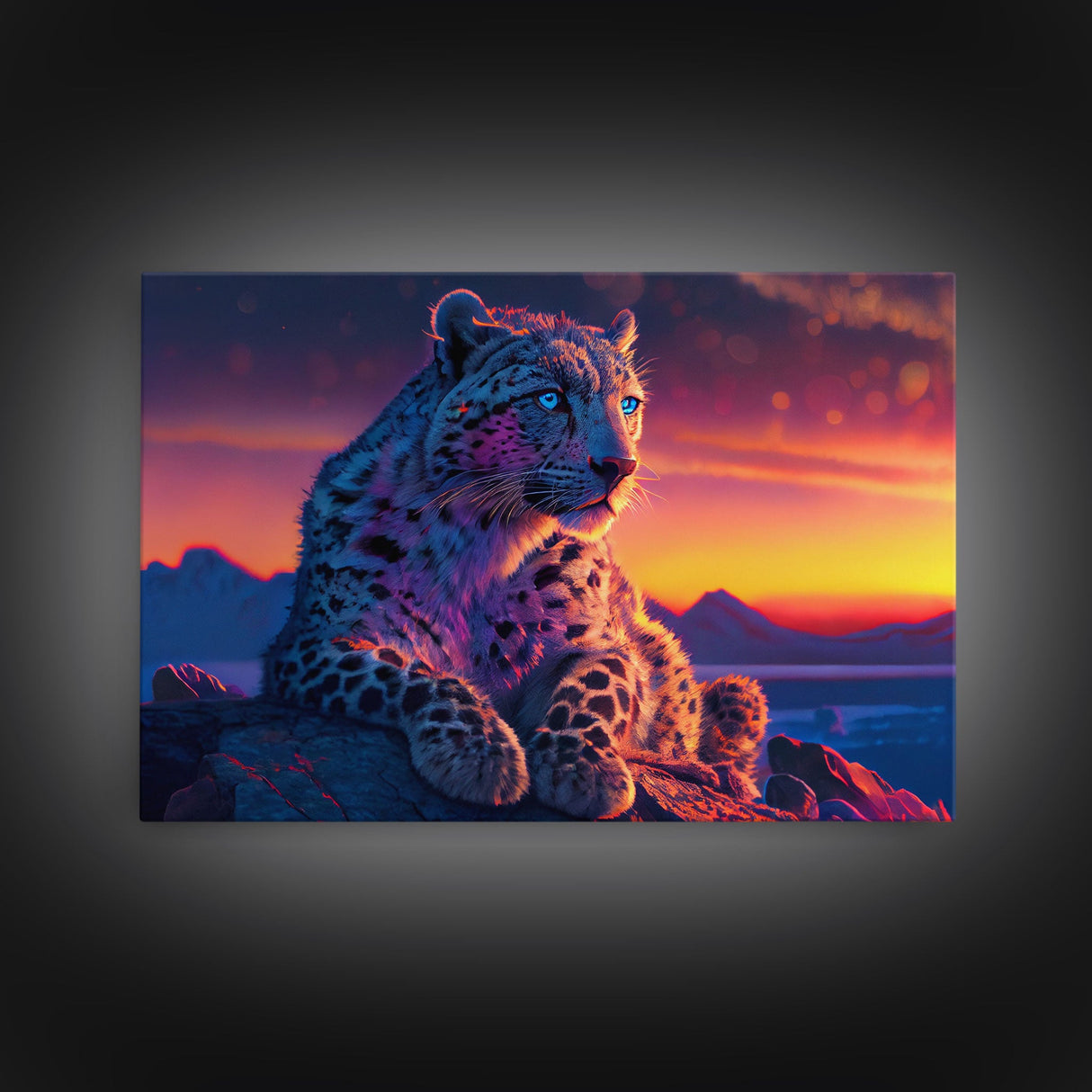 Portrait of a leopard at sunset, vaporwave art, framed canvas print, framed wall art, animal prints